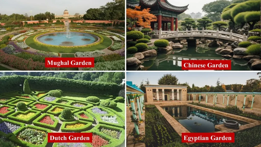 Types of Gardens - 1. Mughal Garden 2. Chinese Garden 3. Dutch Garden 4. Egyptian Garden