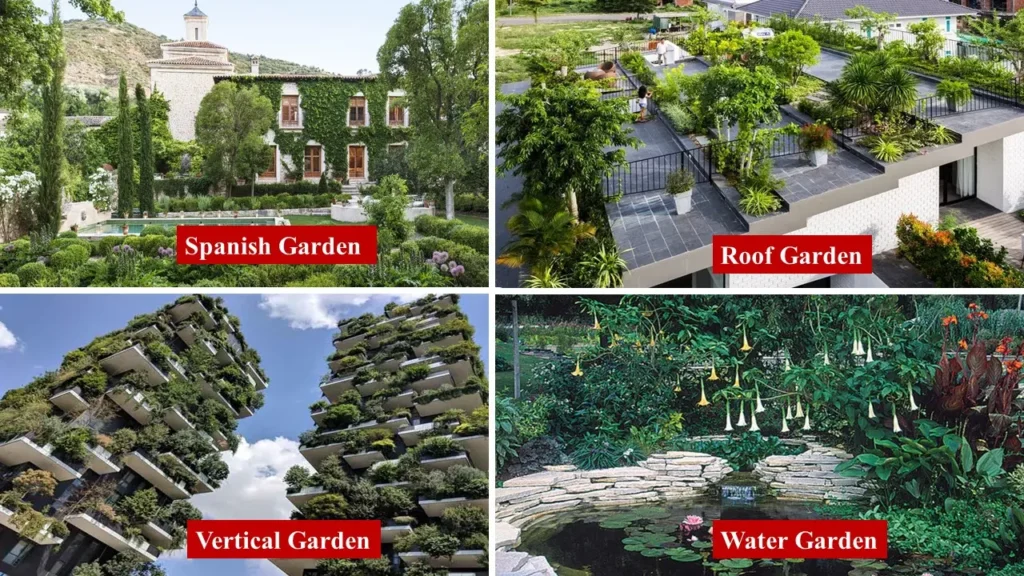 Types of Gardens - 13. Spanish Garden 14. Roof Garden 15. Vertical Garden 16. Water Garden